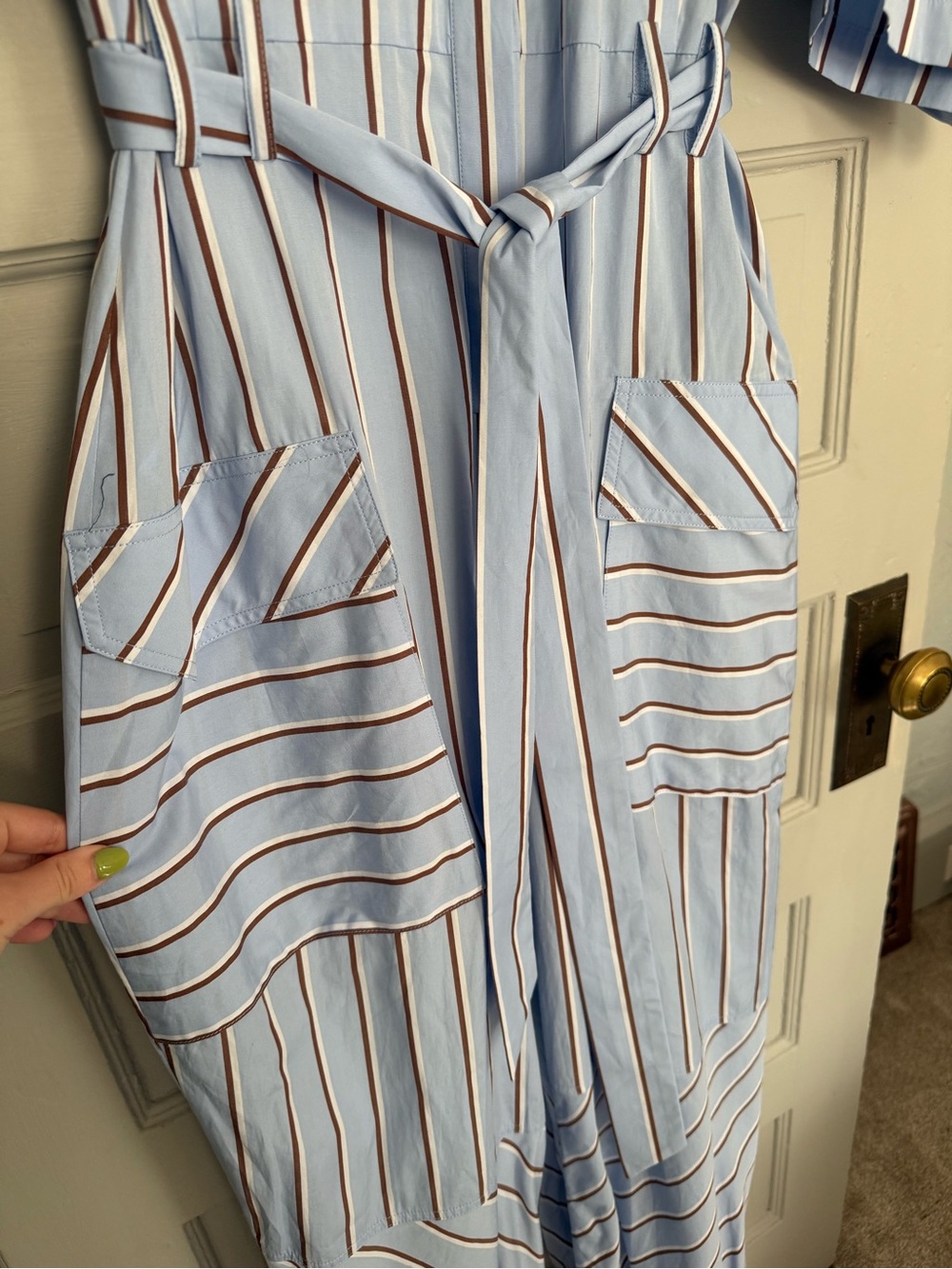blue and white vertically striped utility jumpsuit from BCBGMAXAZRIA size XL - Picture 2 of 7